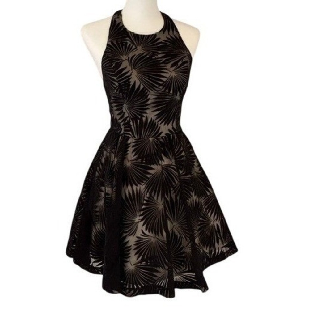Alice + Olivia Halter Dress Womens 2 Black Palm Leaf Burnout 2 Pockets Excellent